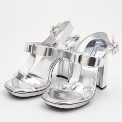 Pre Owned Prada Metallic Silver Leather T-Strap Platform Sandals Size 37