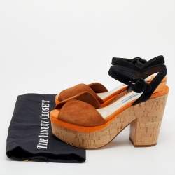Pre Owned Prada Multicolor Suede Cork Block Heel Ankle Strap Platform Sandals Size 36.5