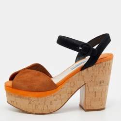 Pre Owned Prada Multicolor Suede Cork Block Heel Ankle Strap Platform Sandals Size 36.5