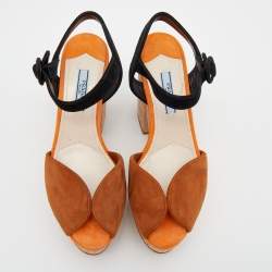 Pre Owned Prada Multicolor Suede Cork Block Heel Ankle Strap Platform Sandals Size 36.5