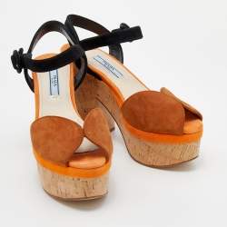 Pre Owned Prada Multicolor Suede Cork Block Heel Ankle Strap Platform Sandals Size 36.5