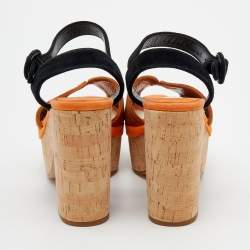 Pre Owned Prada Multicolor Suede Cork Block Heel Ankle Strap Platform Sandals Size 36.5