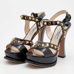 Pre Owned Prada Black Leather Studded Ankle Strap Platform Sandals Size 36.5