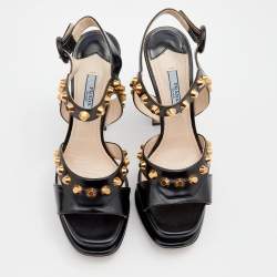 Pre Owned Prada Black Leather Studded Ankle Strap Platform Sandals Size 36.5