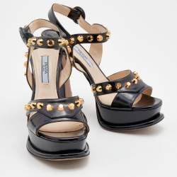 Pre Owned Prada Black Leather Studded Ankle Strap Platform Sandals Size 36.5