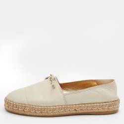 Pre Owned Prada Beige Leather Bow Detail Espadrilles Size 37.5