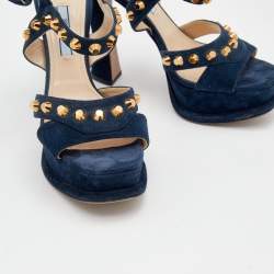 Prada Dark Blue Suede Studded Ankle Strap Platform Sandals Size 36.5