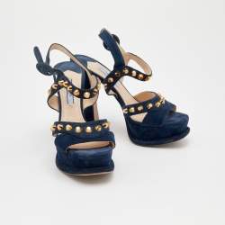 Prada Dark Blue Suede Studded Ankle Strap Platform Sandals Size 36.5