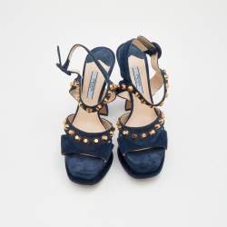 Prada Dark Blue Suede Studded Ankle Strap Platform Sandals Size 36.5