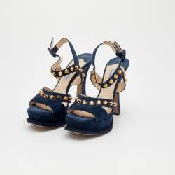 Prada Dark Blue Suede Studded Ankle Strap Platform Sandals Size 36.5