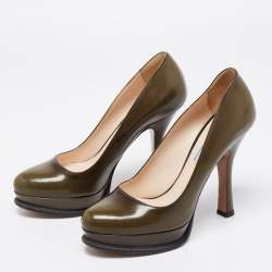 Pre Owned Prada Olive Green Leather Platform Pumps Size 39