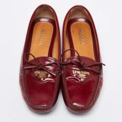Pre Owned Prada Red Glossy Leather Bow Slip On Loafers Size 36