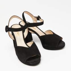Pre Owned Prada Black Suede Ankle-Strap Block Heel Platform Sandals Size 38