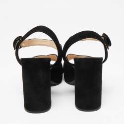 Pre Owned Prada Black Suede Ankle-Strap Block Heel Platform Sandals Size 38