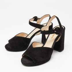 Pre Owned Prada Black Suede Ankle-Strap Block Heel Platform Sandals Size 38