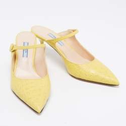 Pre Owned Prada Yellow Croc Embossed Leather Pointed Toe Mules Size 38