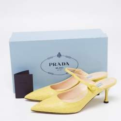 Pre Owned Prada Yellow Croc Embossed Leather Pointed Toe Mules Size 38
