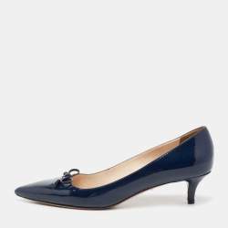 Pre Owned Prada Navy Blue Patent Leather Bow Pointed-Toe Pumps Size 40
