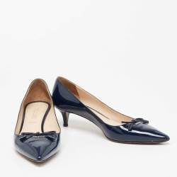 Pre Owned Prada Navy Blue Patent Leather Bow Pointed-Toe Pumps Size 40