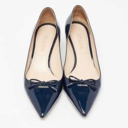 Pre Owned Prada Navy Blue Patent Leather Bow Pointed-Toe Pumps Size 40