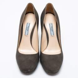 Pre Owned Prada Olive Green Suede Open Toe Platform Pumps Size 38.5