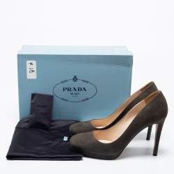 Pre Owned Prada Olive Green Suede Open Toe Platform Pumps Size 38.5
