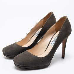 Pre Owned Prada Olive Green Suede Open Toe Platform Pumps Size 38.5