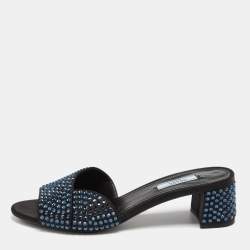 Prada Black Satin Crystal Embellished Block Heel Sandals 38
