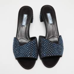 Prada Black Satin Crystal Embellished Block Heel Sandals 38