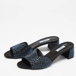 Prada Black Satin Crystal Embellished Block Heel Sandals 38
