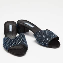 Prada Black Satin Crystal Embellished Block Heel Sandals 38