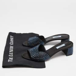 Prada Black Satin Crystal Embellished Block Heel Sandals 38