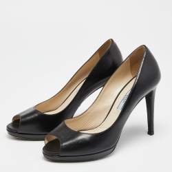 مملوكة مسبقًا حذاء كعب عالي برادا جلد أسود مقدمة مفتوحة مقاس 37