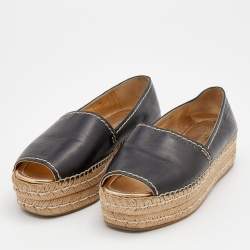 Pre Owned Prada Black Leather Peep Toe Platform Espadrille Flats Size 39