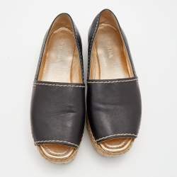 Pre Owned Prada Black Leather Peep Toe Platform Espadrille Flats Size 39