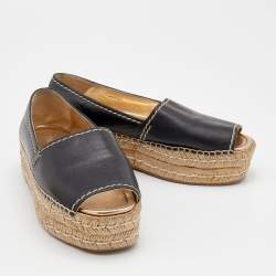 Pre Owned Prada Black Leather Peep Toe Platform Espadrille Flats Size 39