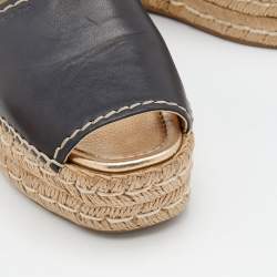Pre Owned Prada Black Leather Peep Toe Platform Espadrille Flats Size 39