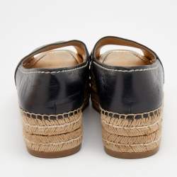 Pre Owned Prada Black Leather Peep Toe Platform Espadrille Flats Size 39