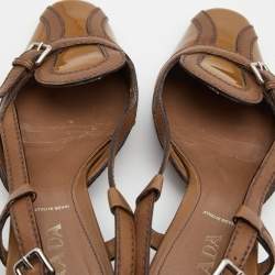 Pre Owned Prada Brown Leather And Patent Slingback Sandals Size 37.5