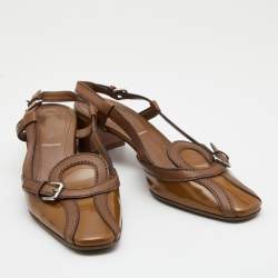 Pre Owned Prada Brown Leather And Patent Slingback Sandals Size 37.5