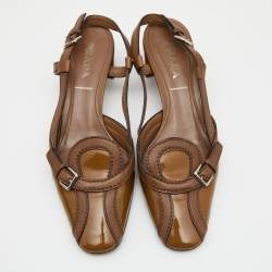 Pre Owned Prada Brown Leather And Patent Slingback Sandals Size 37.5