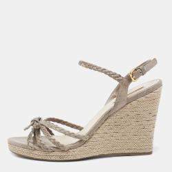 Prada Grey Leather Braided Basket Weave Wedge Sandals Size 40
