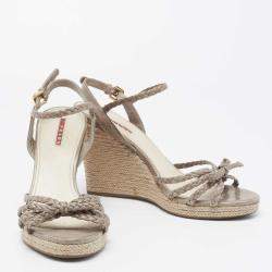 Prada Grey Leather Braided Basket Weave Wedge Sandals Size 40