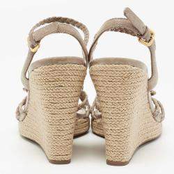 Prada Grey Leather Braided Basket Weave Wedge Sandals Size 40