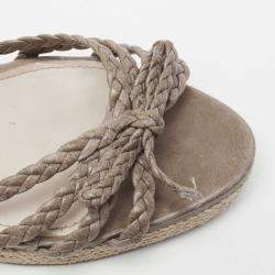 Prada Grey Leather Braided Basket Weave Wedge Sandals Size 40
