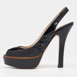Prada Black Patent Leather Peep Toe Slingback Platform Sandals Size 37.5