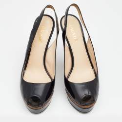 Prada Black Patent Leather Peep Toe Slingback Platform Sandals Size 37.5