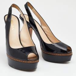 Prada Black Patent Leather Peep Toe Slingback Platform Sandals Size 37.5