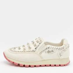 Pre Owned Prada White Nylon Crystal Embellished Slip On Sneakers Size 37
