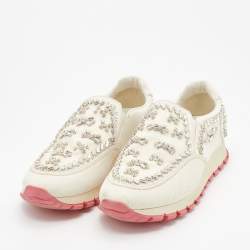 Pre Owned Prada White Nylon Crystal Embellished Slip On Sneakers Size 37